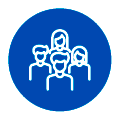 Eine Gruppe von vier vereinfachten weißen Avatar-Umrissen in einem blauen, runden Abzeichen, die ein Team oder eine Gemeinschaft darstellen.
