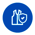 Blaues, kreisförmiges Symbol, das die Umrisse von zwei Flaschen und ein Schild mit einem Häkchen zeigt, was auf Produktsicherheit oder Schutz hinweist.