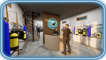 Komodo Tauchshop-Empfang mit Tresen, Tauchausrüstung an Wänden und Logo mit Schriftzug "legend diving" hinter der Theke, Kunde spricht Verkäufer an