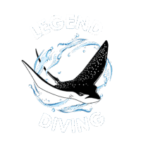 Schwarzer und weißer Manta mit Spritzwasserkreisen und dem Schriftzug LEGEND DIVING darüber und darunter.