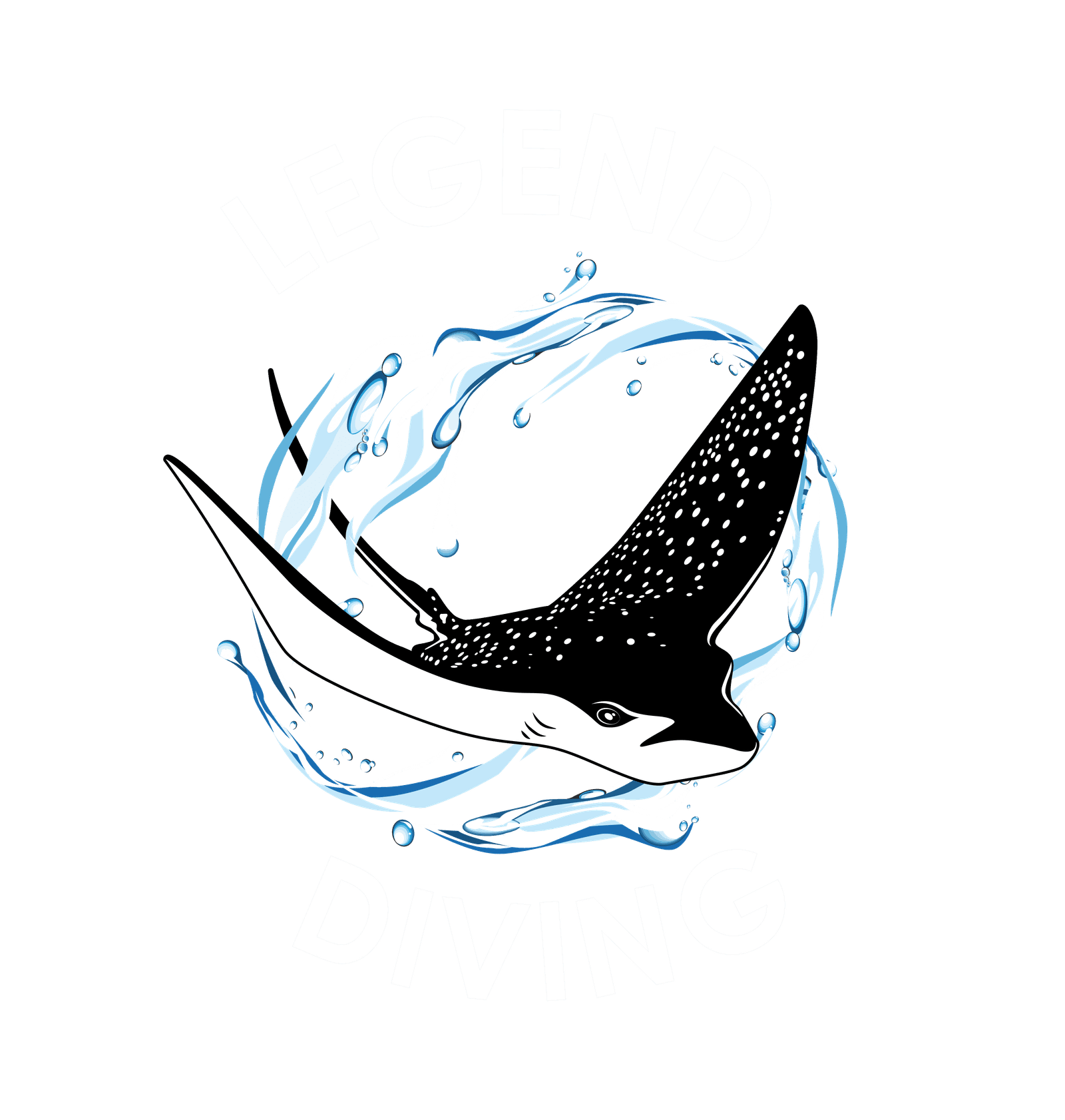 Schwarzer und weißer Manta mit Spritzwasserkreisen und dem Schriftzug LEGEND DIVING darüber und darunter.