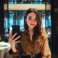 Junge Frau mit langen braunen Haaren und braunem Hemd, die in einem eleganten Restaurant lächelnd ein Selfie mit ihrem Smartphone macht.